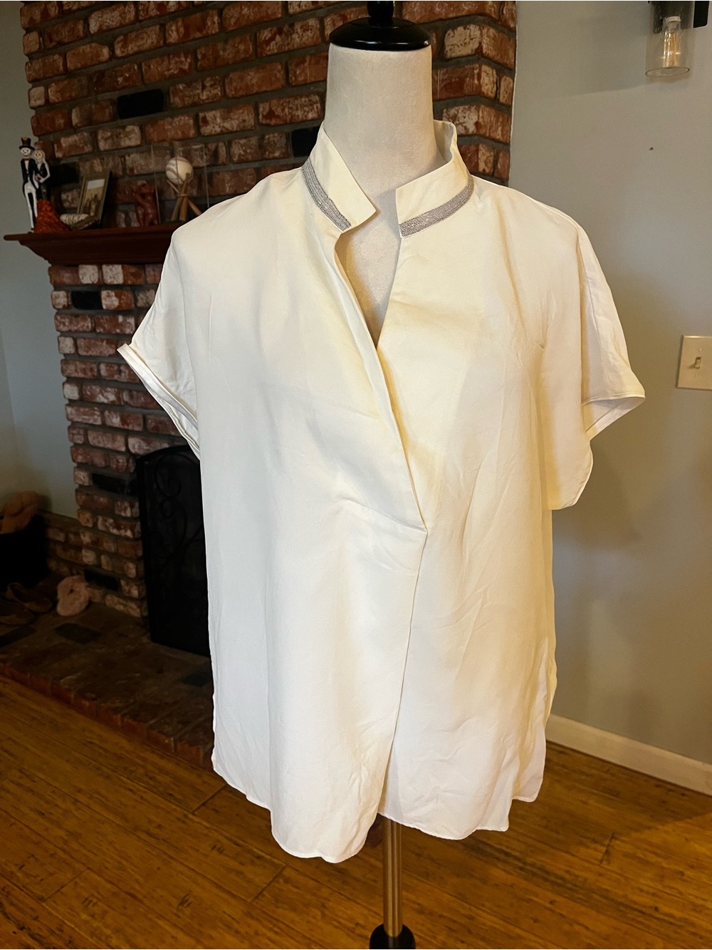 Lafayette 148 Silk White Short-Sleeve Mandarin Collar Wrap Top